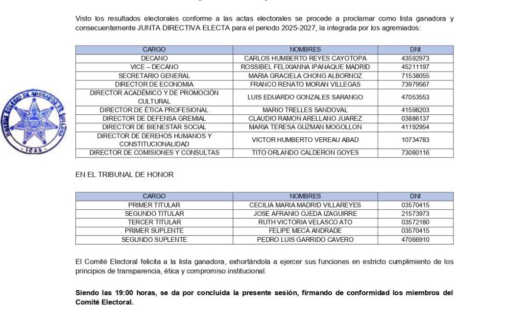 ACTA DE PROCLAMACIÓN DE LA LISTA GANADORA